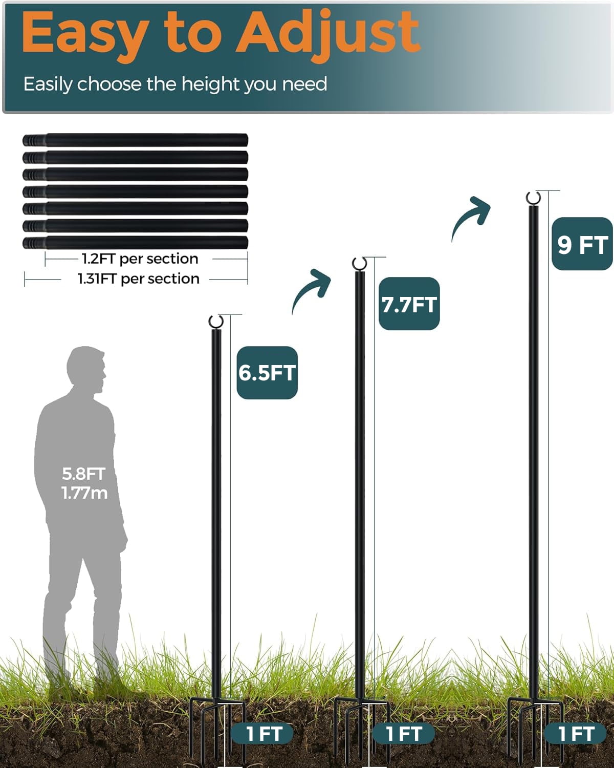 Outdoor String Light Poles 4 Pack, Heavy Duty String Light Poles for Outside with 5 Prong Base and Adjustable Height, Perfect for Backyard, Patio, Garden, Fence and Party Decor FLP04B