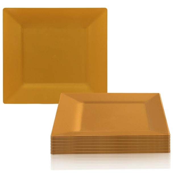 Gold Plastic Square 10.75" Dinner Plates Disposable or Reusable (20