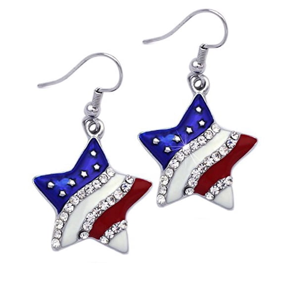 4th of July USA American Flag Patriotic Red Blue Star Earrings Jewelry (Star Hook Silver-tone 3/4")