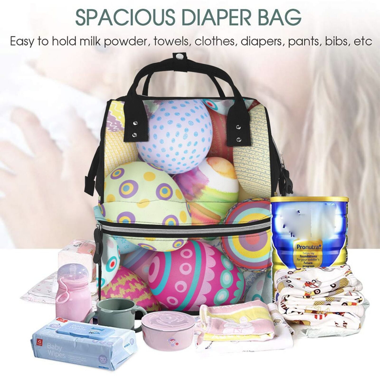 Ratiio Colorful Easter Eggs Mummy Backpack - Waterproof Twill Canvas, Large Capacity Diaper Bag with Multiple Pockets and Adjustable Straps
