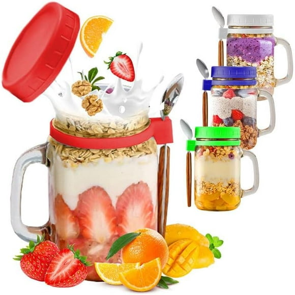 Overnight Oats Jars with Handle, 16 oz Mason Jars with Lids and Spoon Overnight Oats Container Large Capacity Airtight Jars for Cereal Fruit Vegetable Milk Salad Yogurt Meal Prep (4)