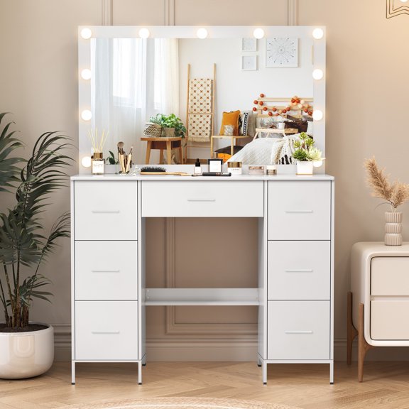 Ciumeeo Makeup Vanity with Mirror, LED Lights, 3 Lighting Modes, Vanity Desk with Drawers for Bedroom, White