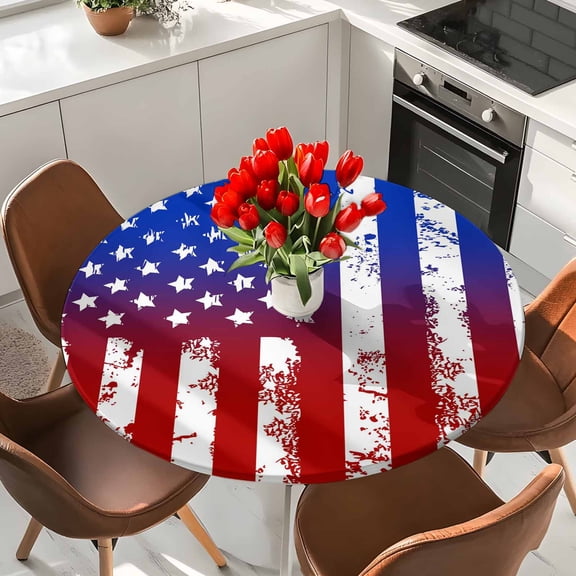 Red White and Blue American Flag Elastic Fitted Round Tablecloth Patriotic Star Stripes Waterproof Outdoor Table Cover for Holiday Party, Picnic, Patio & Dining Fits Tables Up to 36"-44"
