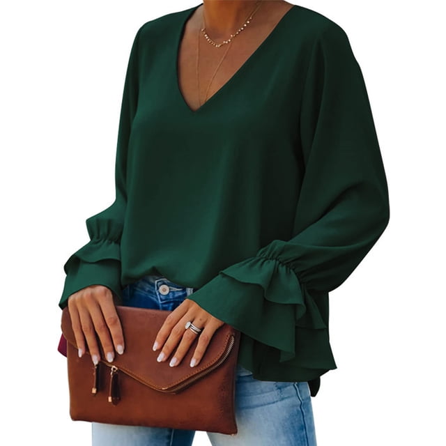 Blusa verde oscuro de manga larga para el trabajo, citas, fiestas, talla S, blusa holgada con escote en V y volantes para mujer