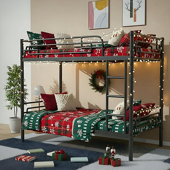 DreamBuck Bunk Bed Twin over Twin, 2 in 1 Metal Bunk Bed Frame with High Guardrail, Convertible Twin Bunk Bed into 2 Individual Twin Bed for Adults , Space Saving, No Spring Box Needed, Black
