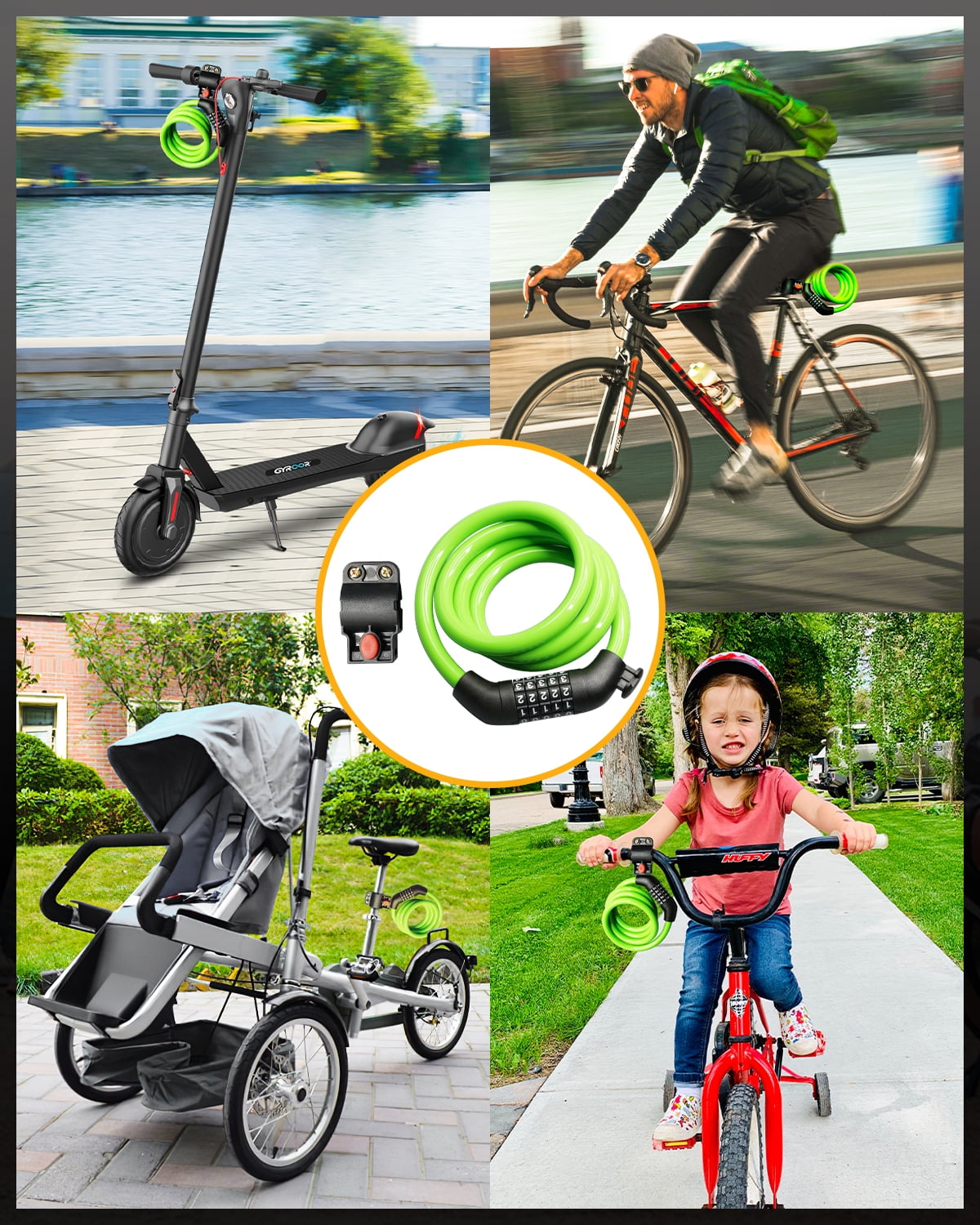 MIHOVER 3Pcs Bike LockCable with Combination,High Security 5-Digit Resettable Combination Bicycle Lock Anti-Theft, Scooter Lock with Mounting Bracket for Bikes and Scooters-Green