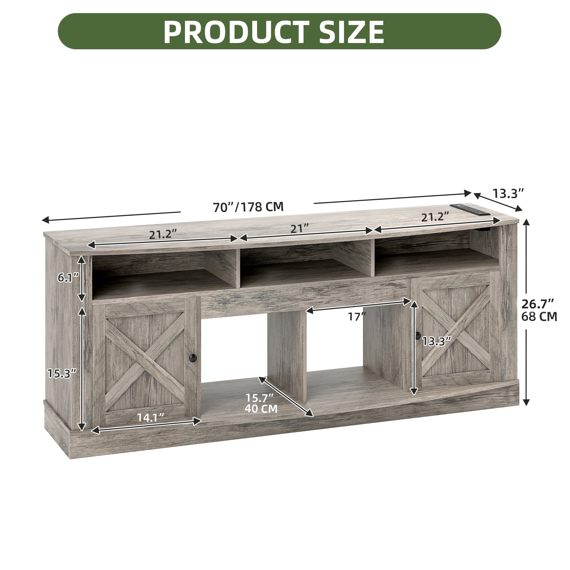 Uforic 70'' TV Stand for 80-Inch TV, Entertainment Center with Multi-Color LED Lighting, Charging Outlets, & Plenty of Storage for Living Room, Rustic Gray