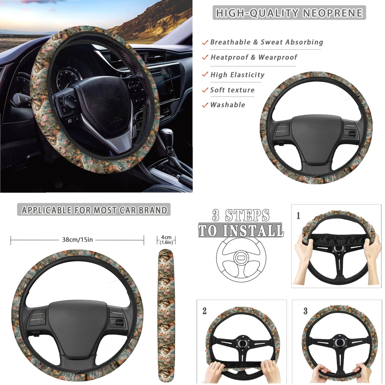 Jeiento Sloth 14 PCS Car Accessories Set Car Seat Protector Steering Wheel Cover Seatbelt Strap Pad Trash Can Armrest Cover Pad Cup Coasters Rearview Mirror Cover Handbrake Cover Set for SUV Truck