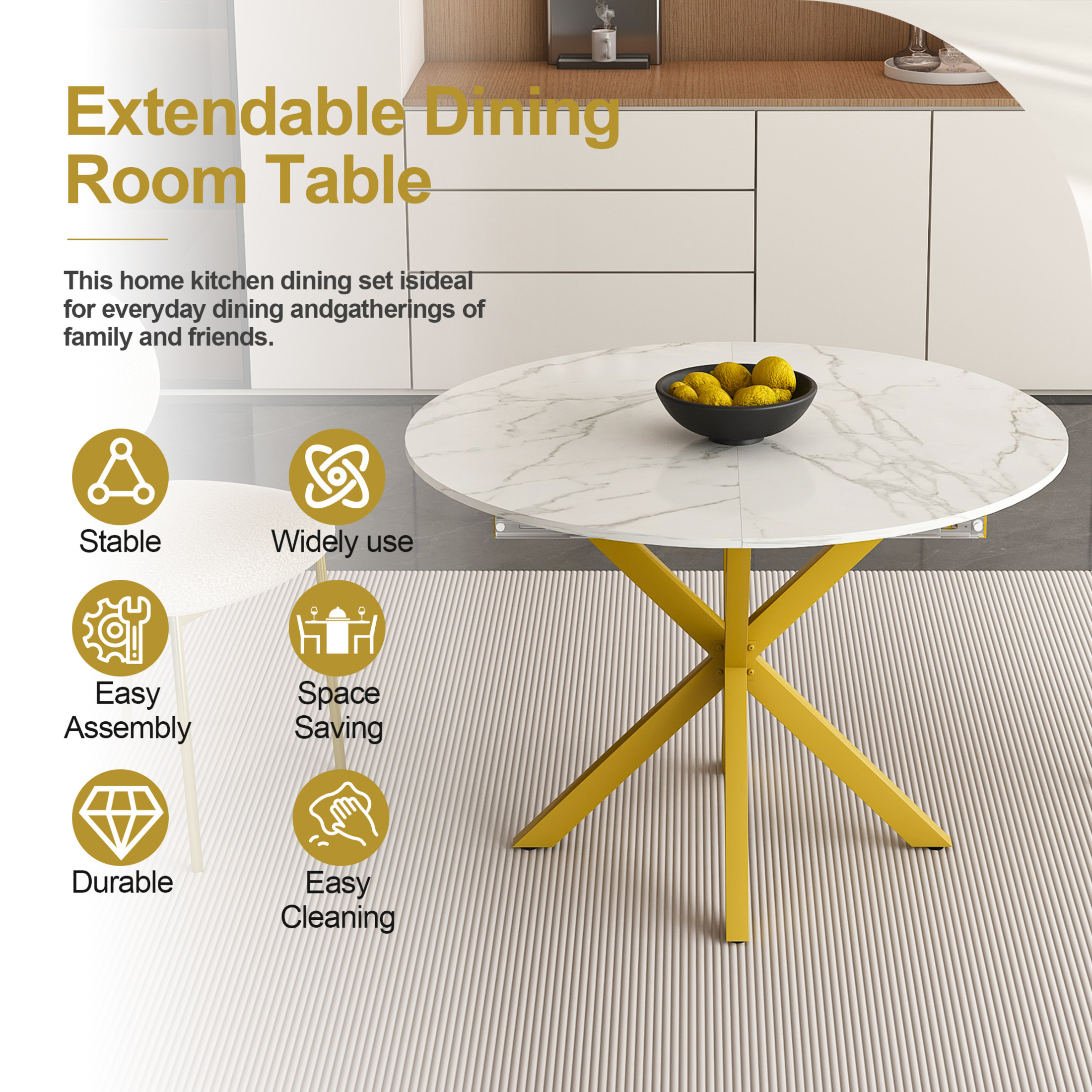 Noble House Modern 59" Round Extendable Dining Table with Marble Top, Steel X-Base, 4-6 Person, White