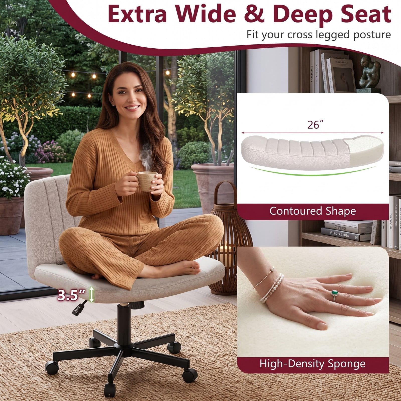 Furnibear Criss Cross Desk Chair with Wheels, Cross-Legged Swivel Home Office Task Chair, Height Adjustable Armless Rolling Computer Chair with Padded Wide, Beige