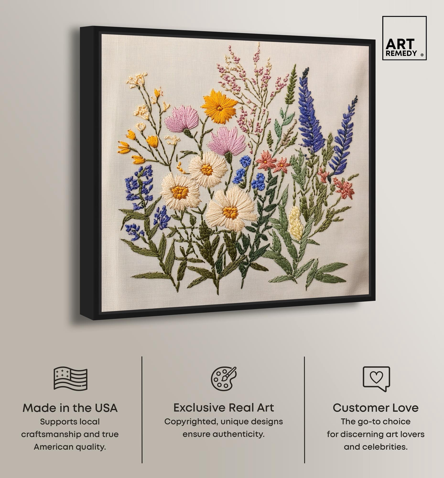 Needlepoint Prairie Posy Canvas Floral Prints by Art Remedy, Black Frame, 12 x 12