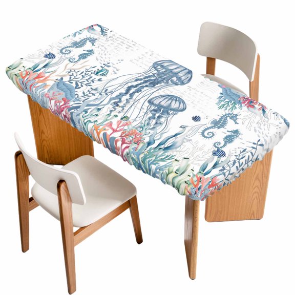 Coastal Jellyfish Table Cloths for 5 Foot Rectangle Tables, Summer Beach Nautical Ocean Coral Seahorse Patio Waterproof Elastic Fitted Tablecloths, Washable Rectangular Table Cover for Camping