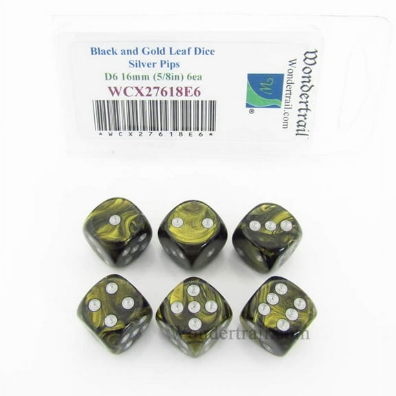 Black and Gold Leaf Dice with Silver Pips 16mm (5/8in) D6 Set of 6 Wondertrail