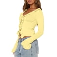 thumbnail image 2 of Women Ruffle Tie Front Cardigan Sweater Long Bell Sleeve Cropped Knit Sweater Top Yellow XL, 2 of 7