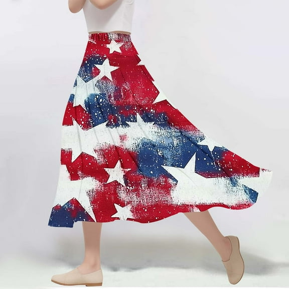AUNVITO Women's Casual A-Line Skirt Elastic Waist Big Flare Printing Summer Leisure Comfortable