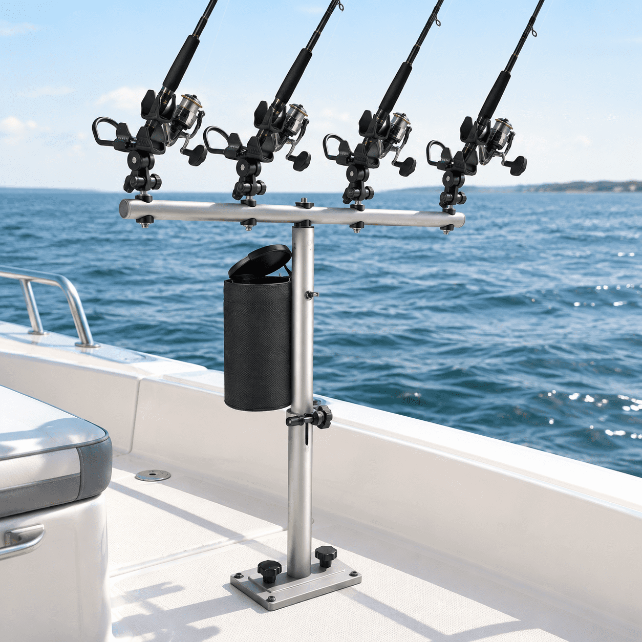 Inshore Boat Fishing Rod Holders 4 Pack Adjustable Height 360° Rotation Aluminum with Gear Pouch