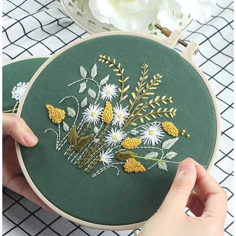 Color Threads Embroidery Kit Bamboo Hoop Cross Stitch Kit Including Embroidery Cloth with Floral Pattern Diagram and Starter Tools Kit