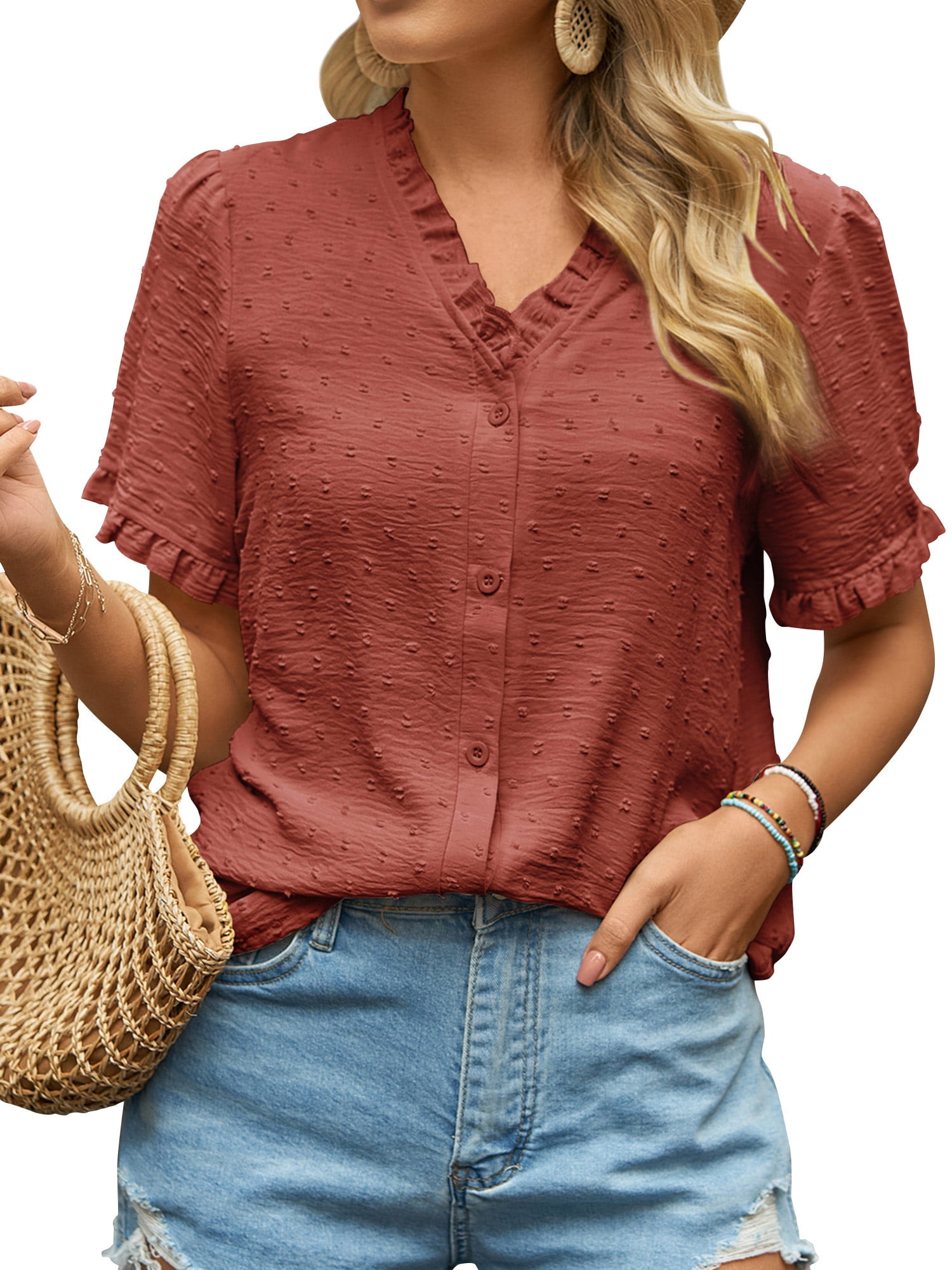Nlife Women V Neck Button Down Ruffled Short Sleeve Blouse - Walmart.com