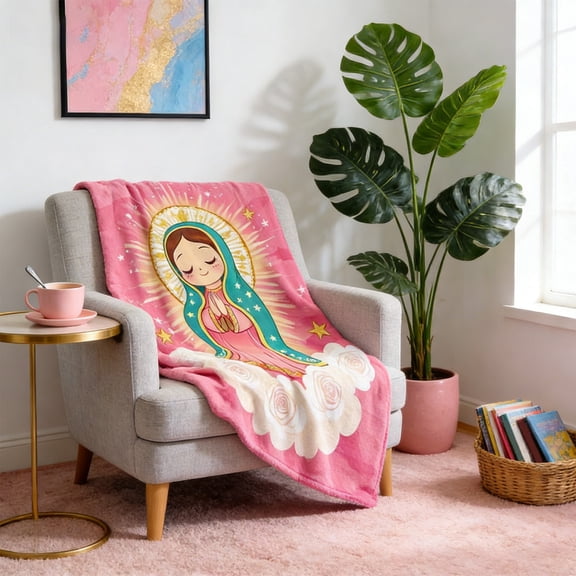 Virgin Mary & Our Lady Of Guadalupe Pattern Flannel Blanket, Soft Plush Fleece Throw Blanket, Decorative Religious Theme Blanket For Home, Bedroom, Living Room, Office, S1X