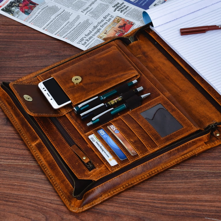 Leather File Folder Organizer - Full Grain Buffalo Leather Portfolio With Pen Holder For Men, Padfolio For Resumes & Meetings