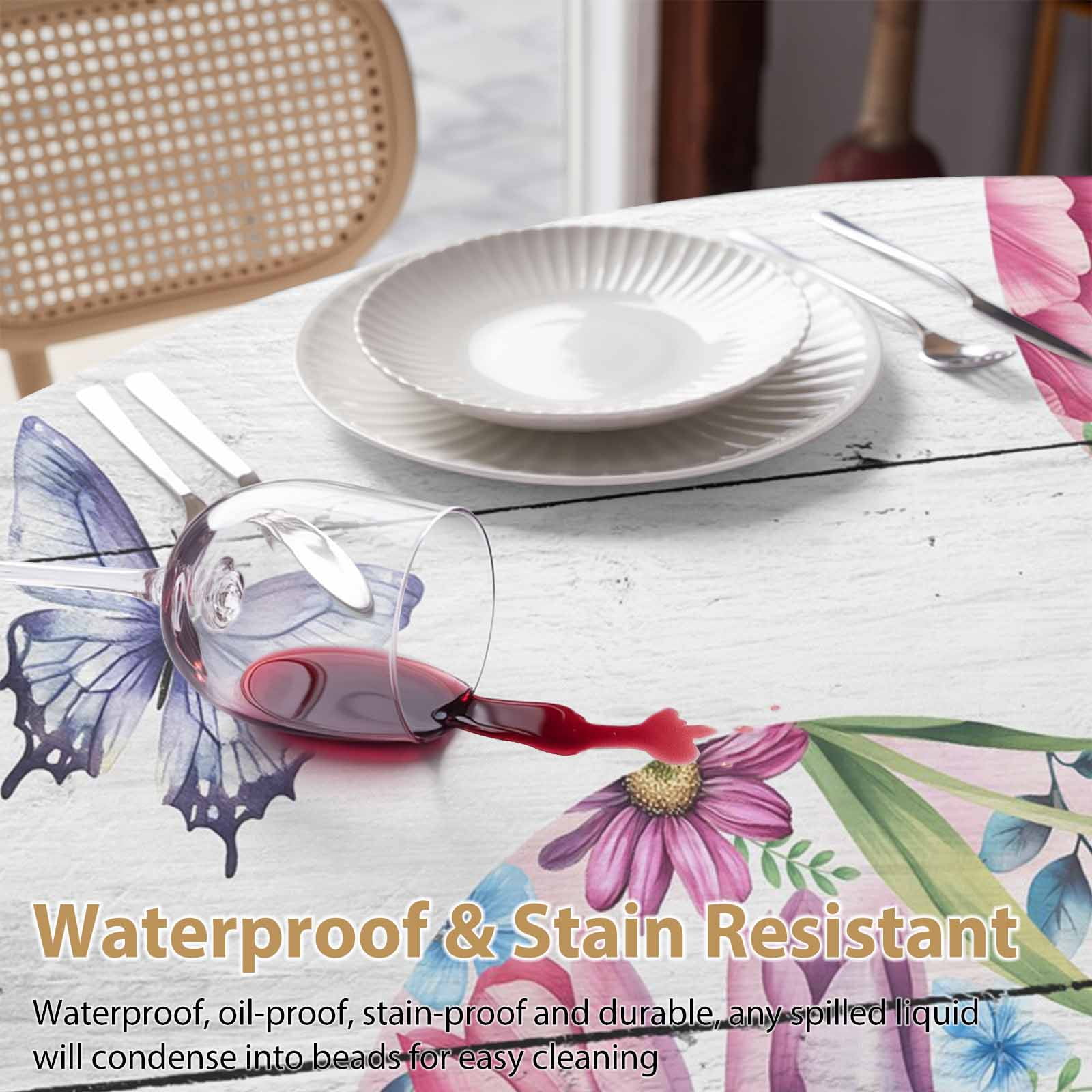 Round Tablecloth Happy Easter Waterproof Oil Proof Polyester Table Cloth Cover Decor for Home Dining Outdoor,Patio,Parties, 60" Dia. Spring Floral Rabbit Bunny Rustic Wood