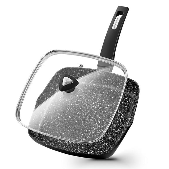 Koch Systeme CS 9.5 inch Nonstick Grill Pan for Stove Tops, Marble Coating Square Grill Skillet with Lid, Fry Pan Compatible with all Stoves, Ultimate Nonstick Skillet with Bakelite Handle