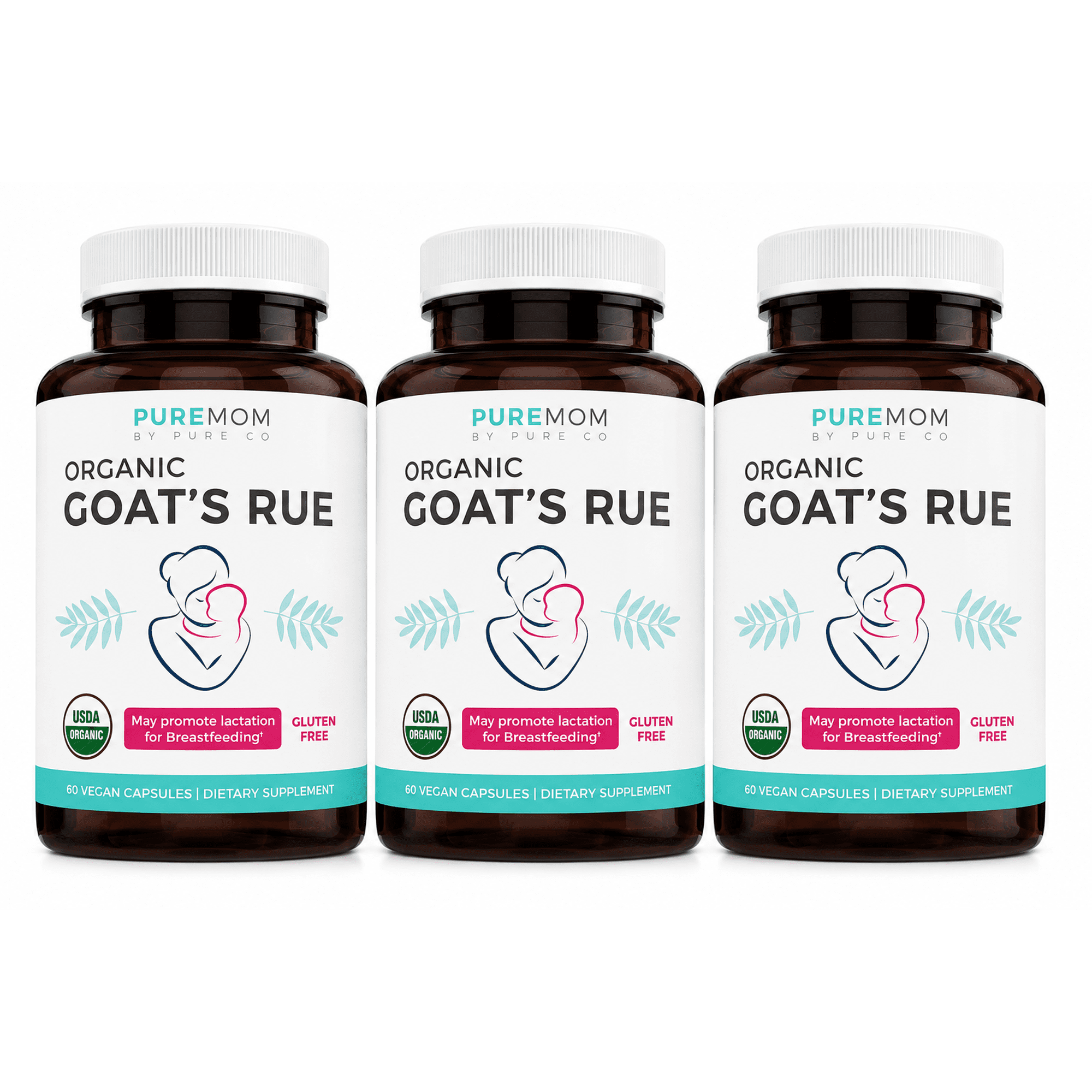 (3 pack) Pure Co Organic Goat's Rue Herb Lactation Supplement for Breast Milk Supply, 60 Capsules