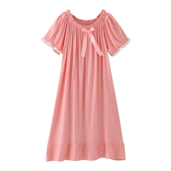 Girls' Cotton Dress Short Sleeve Sleep Gown Toddler Girls Lace T-Neck Sleepwear Summer Solid Dress with Bow