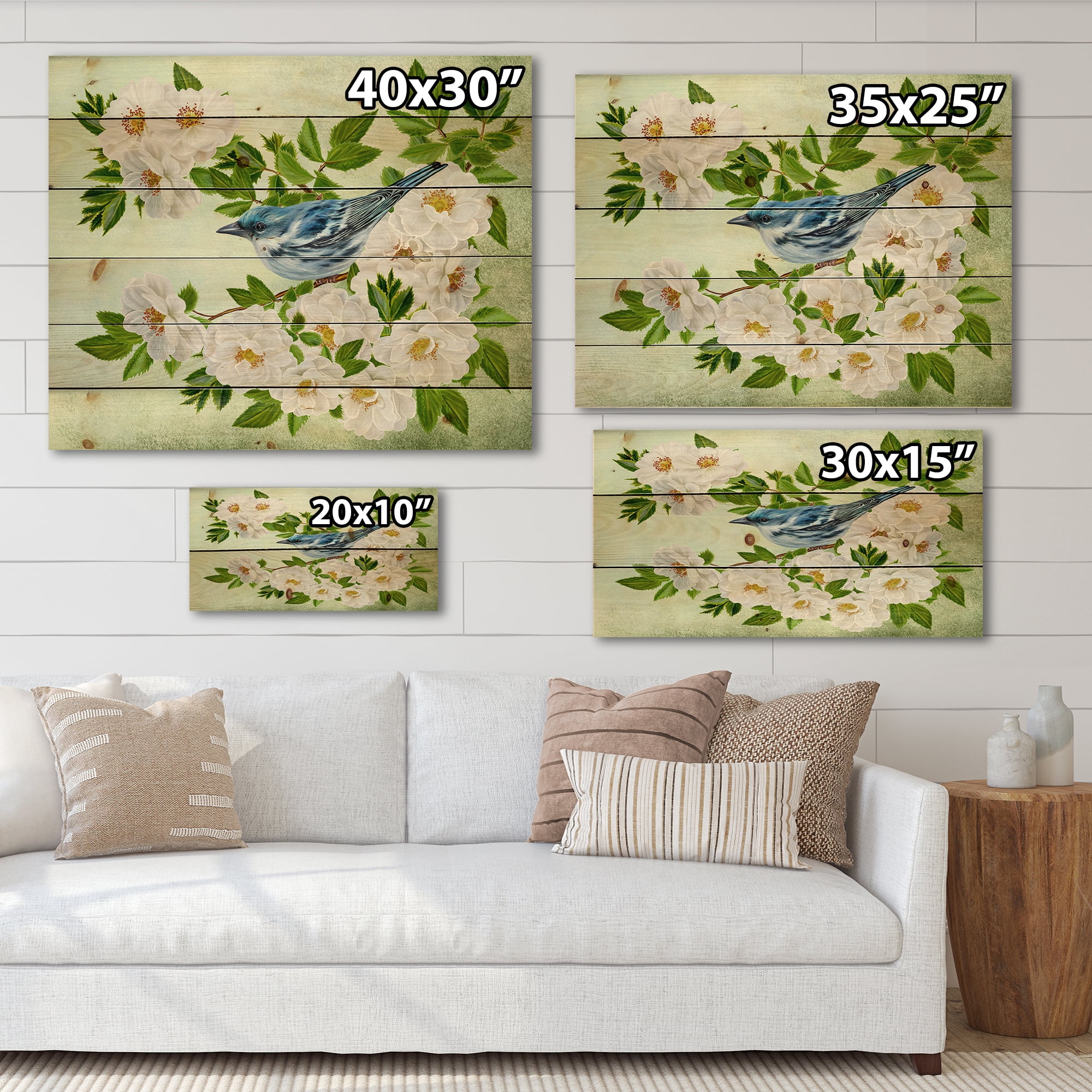 Designart 'Little Blue Bird Sitting On A Branch of White Rose Plant' Traditional Print on Natural Pine Wood