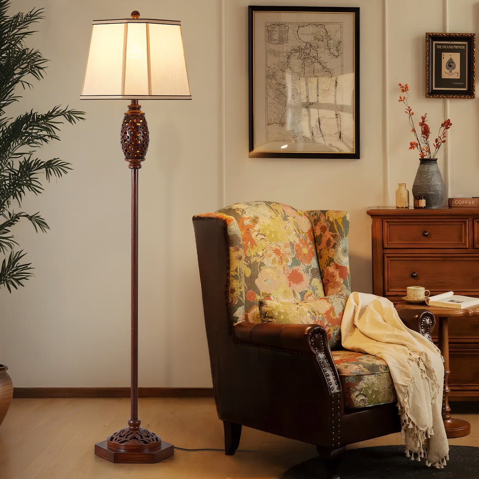 NATYSWAN  Vintage Floor Lamp - Brown Carved Resin with Hollow Light Design, Rustic Standing Lamp for Living Room, Bedroom, Study(Bulb Included)