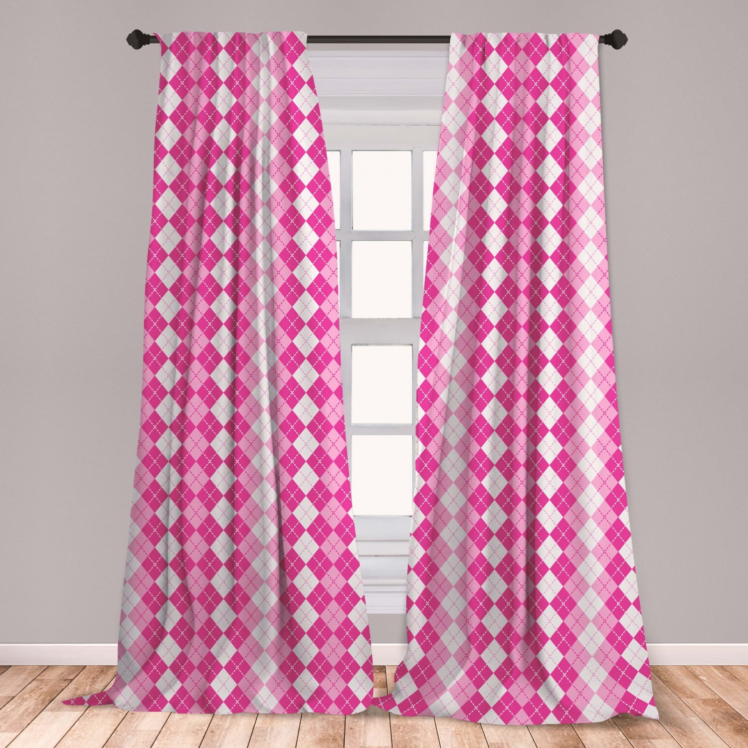 Pink and White Curtains 2 Panels Set, Traditional Argyle Design with