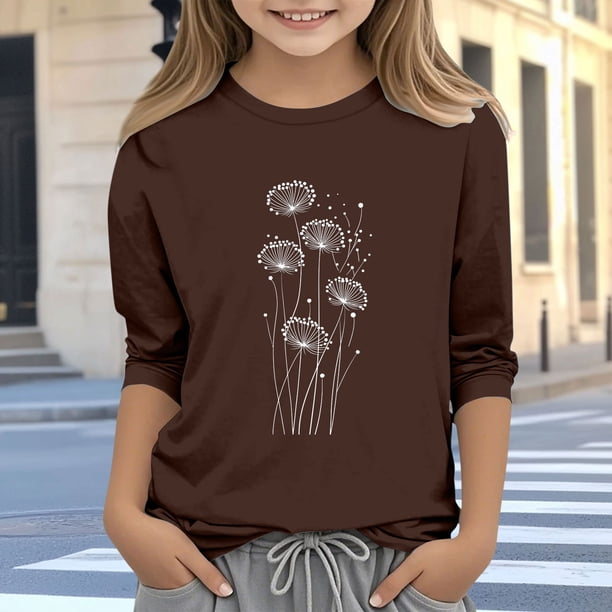 Blusas y camisas de cuello redondo y manga larga para niños, blusas/camisas de poliéster con estampado de corazones, mangas 3/4 y cuello redondo, elegantes e informales.