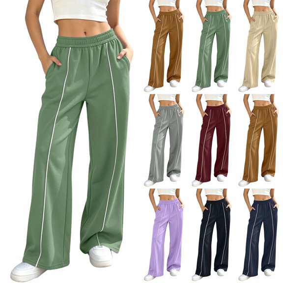 Sweatpants Women Solid Color Elastic High Waist Wide Leg Trousers with Side Stripe and Pockets Comfortable for Home Wear