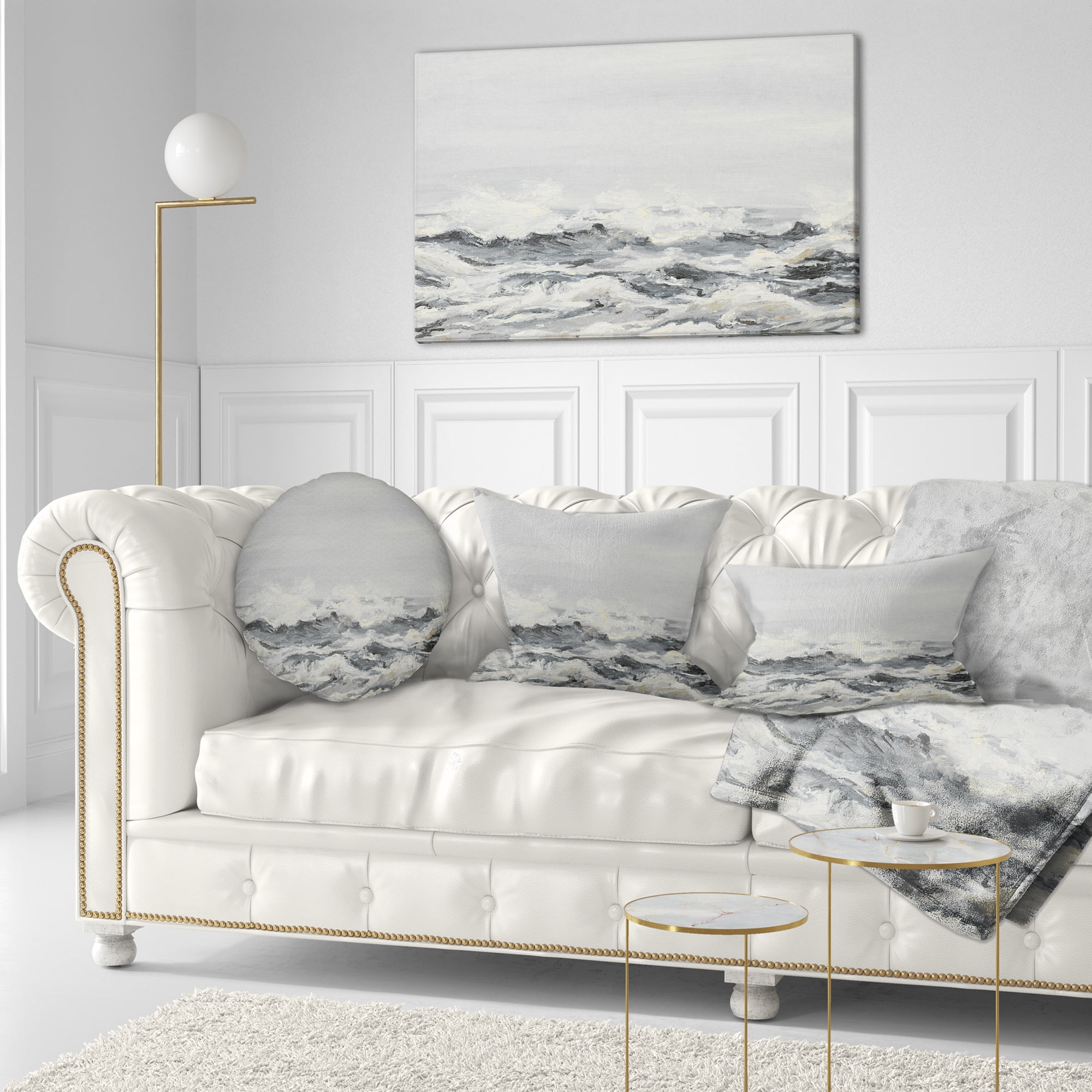 Designart Grey Sea Waves - Seascape Throw Pillow - 12x20