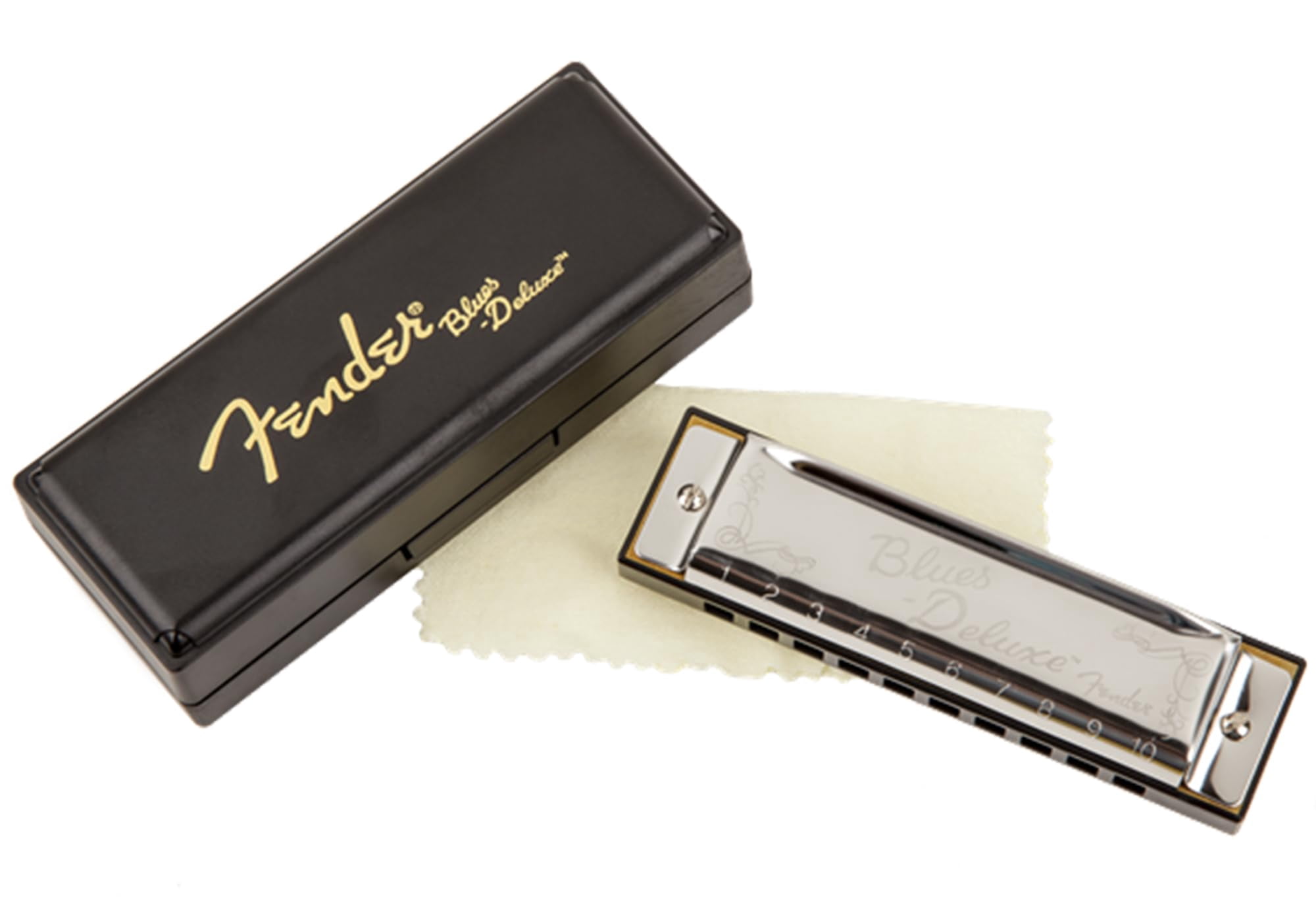 Fender Blues Deluxe Harmonica - Key of Bb Bundle with Carrying Case, Austin Bazaar Online Manual, and Polishing Cloth