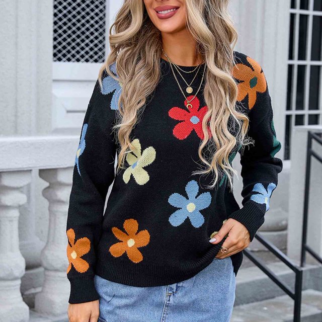 NARABB Pull Décontracté à Col Rond pour Femmes, Imprimé Floral, Manches Longues