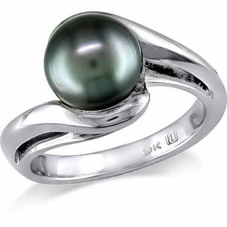 8.5-9mm Black Round Tahitian Pearl 10kt White Gold Cocktail Bypass Ring