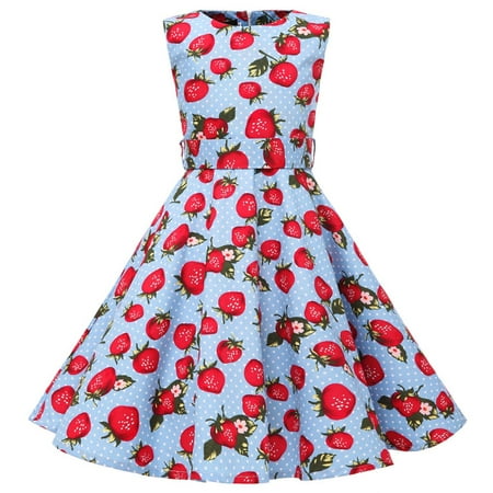 

Girls Vintage Dresses Sleeveless Girls Dress 50s Retro Kids Dresses Swing Rockabilly Party Dresses Floral Printed Swing Dresses with Belt