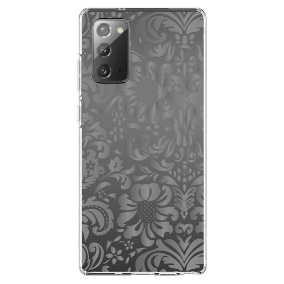 DistinctInk Clear Shockproof Hybrid Case for Samsung Galaxy Note 20 (6.7" Screen) - TPU Bumper, Acrylic Back, Tempered Glass Screen Protector - Shades of Grey Floral Pattern