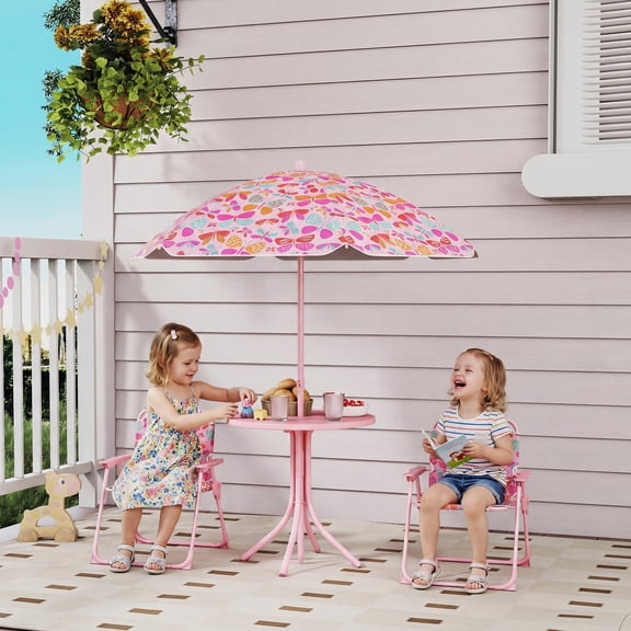 Qaba Kids Picnic Table, Outdoor Table with Foldable Chairs, Removable Umbrella, Buttefly Theme Children Outdoor Furniture, Pink