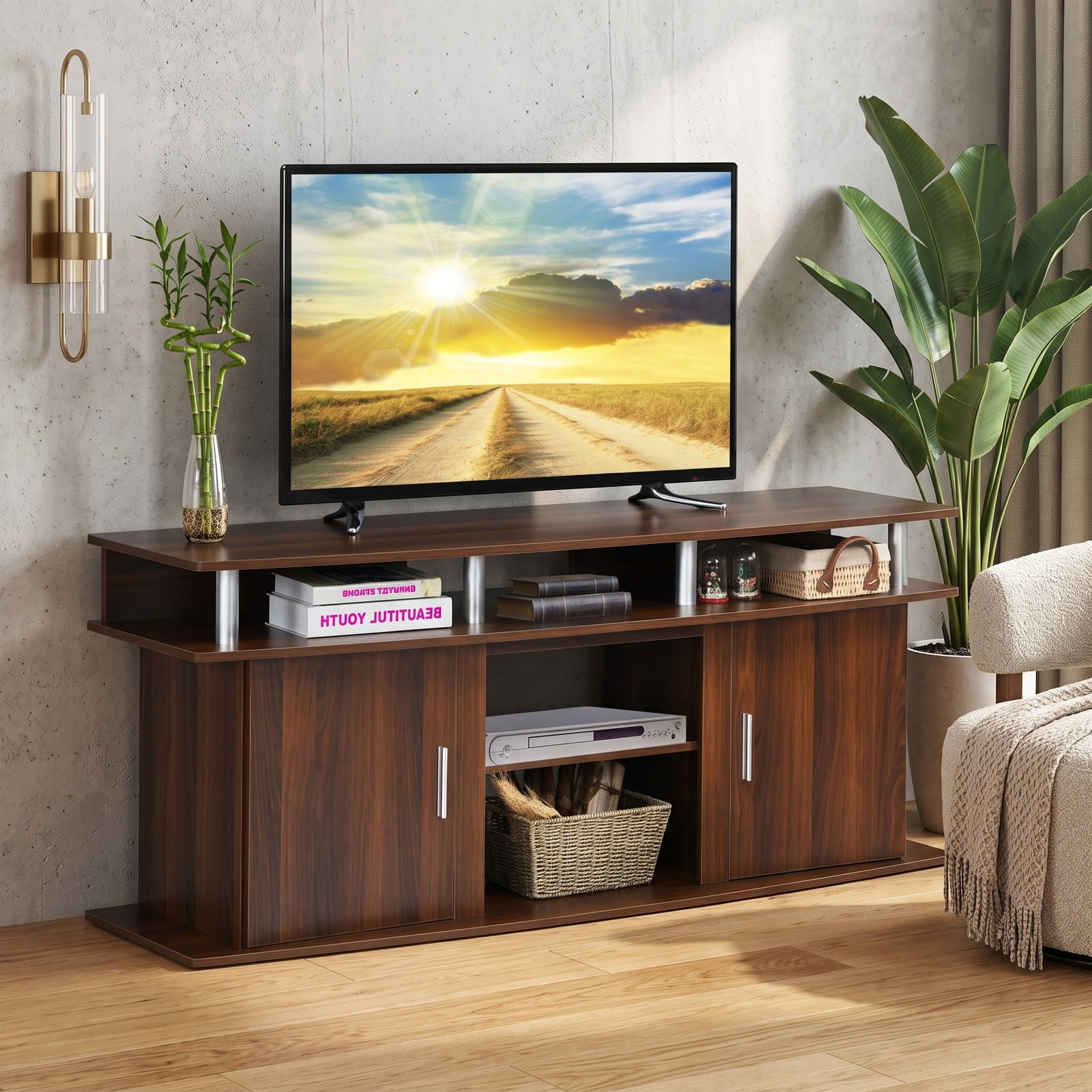 Furnibear 63 Inch TV Stand Entertainment Center for TVs up to 70 Inch, Modern Media Console with 2 Storage Cabinets and Open Shelves, Fireplace-Ready Wood TV, Walnut