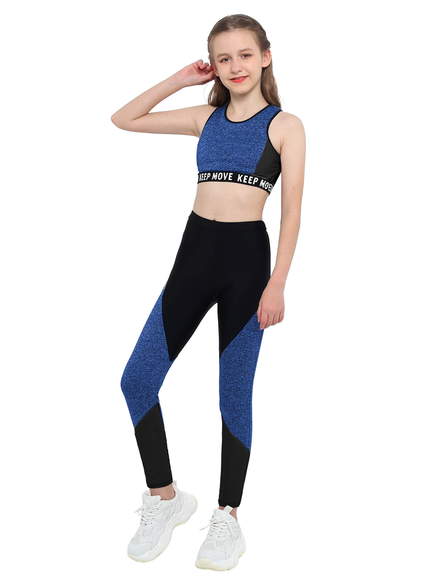 inhzoy Kids Girls Athletic Outfit Sports Bra Crop Top with Yoga Leggings  Blue Black 12