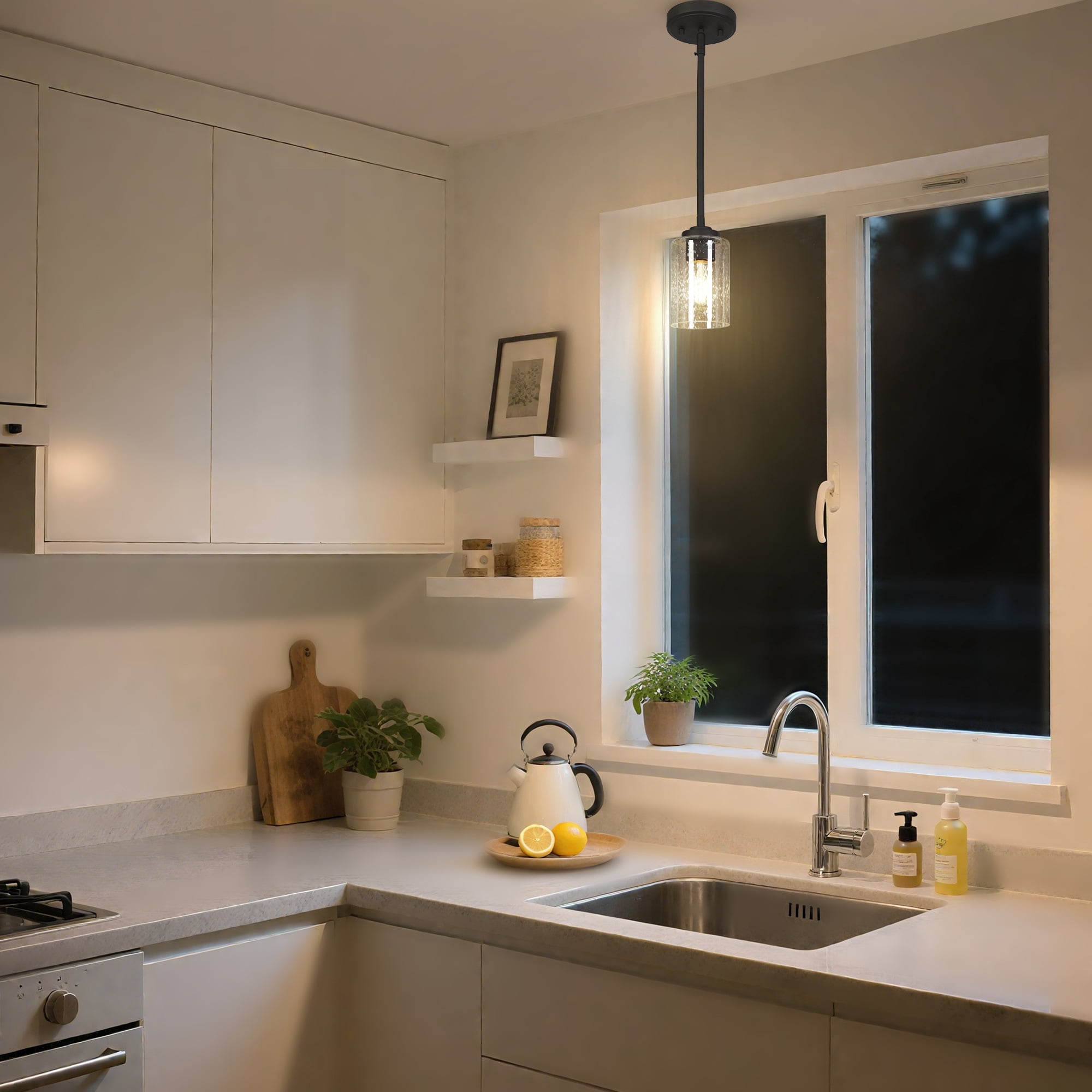 LNC 1-Light Mini Pendant Light,Seeded Glass,60W Medium Base,Dimmable,Adjustable Height,for Kitchen Island,Sink