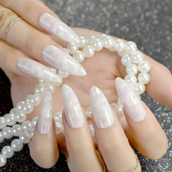 Light Pink Jade Marble Shell Stiletto False Nail Extra Long Sharp White Pink Stone Texture Fake Nails Acrylic Nails Tips
