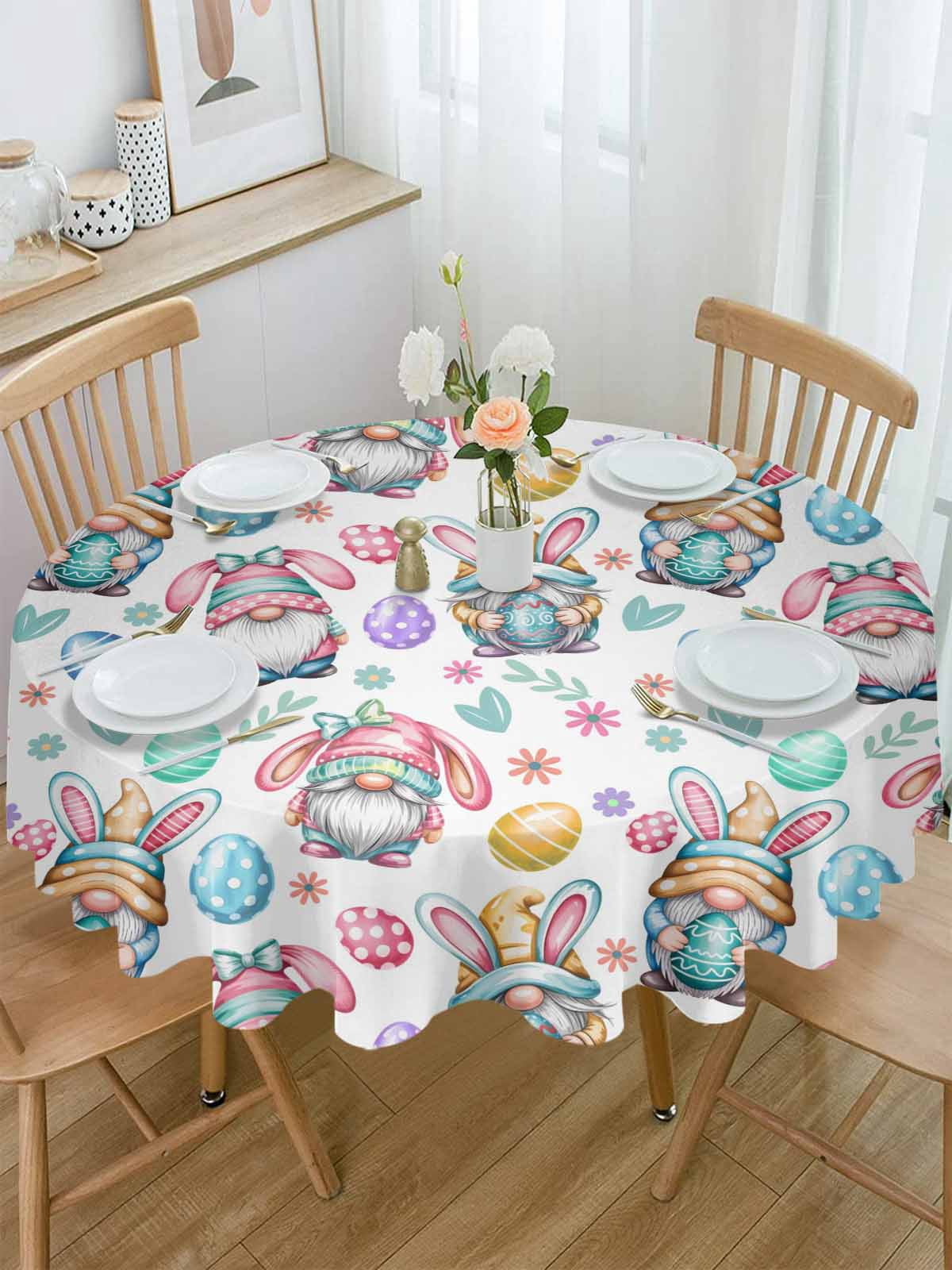 Round Tablecloth Easter Gnomes Pattern Waterproof Oil Proof Polyester Table Cloth Cover Decor for Home Dining Outdoor,Patio,Parties, 54" Dia. White