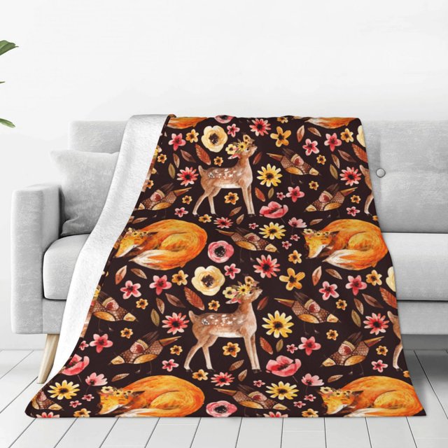 Fotbe Woodland Creatures Floral Manta de Franela Acolchonada con Estampado, Súper Suave y Esponjosa, Extra Grande para Sofá, Cama, Uso Todo el Año-50"x40"