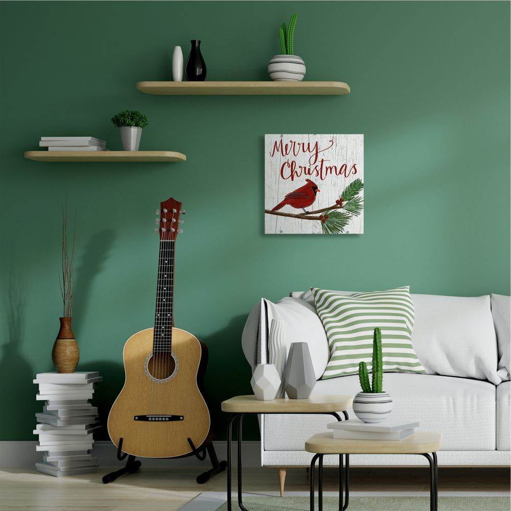 Stupell Industries Merry Christmas Red Bird Wood Texture Holiday Word DesignCanvas Wall Art By Artist Katie Doucette