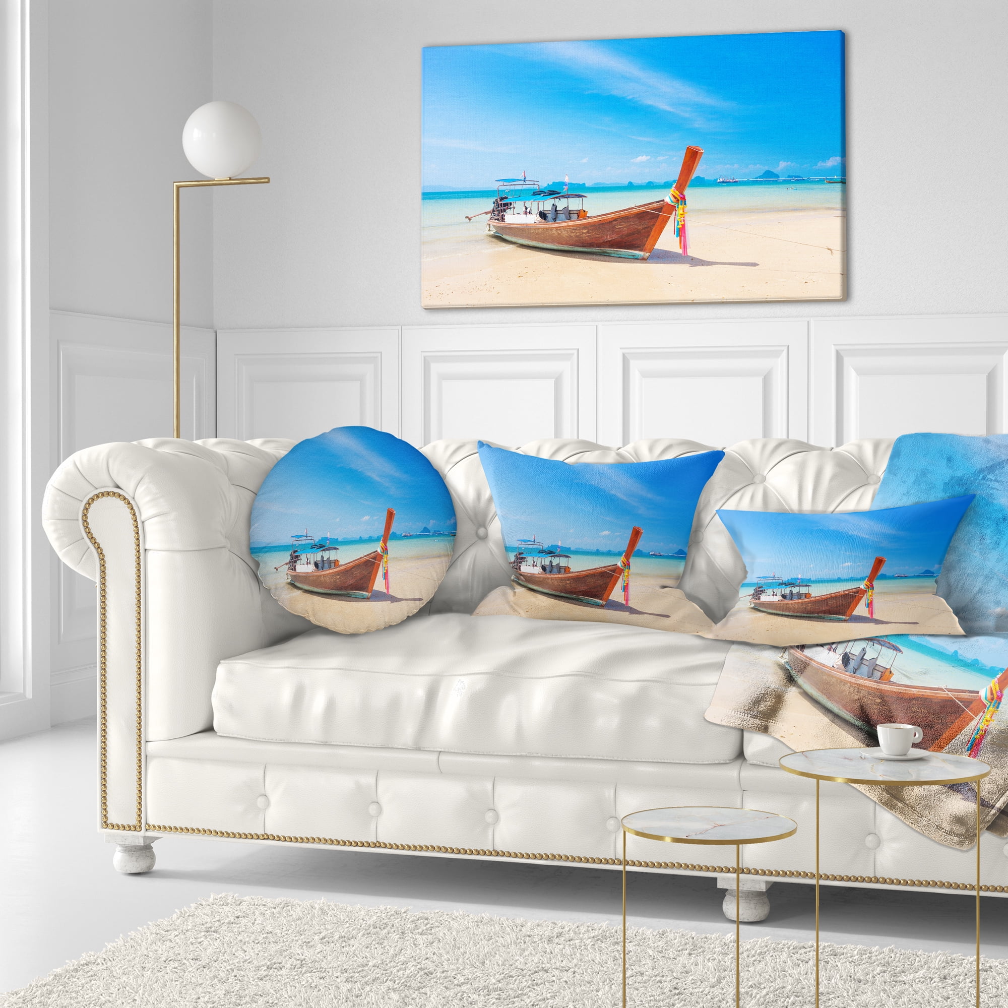 Designart Tropical Beach with Boat - Seashore Photo Throw Pillow - 12x20