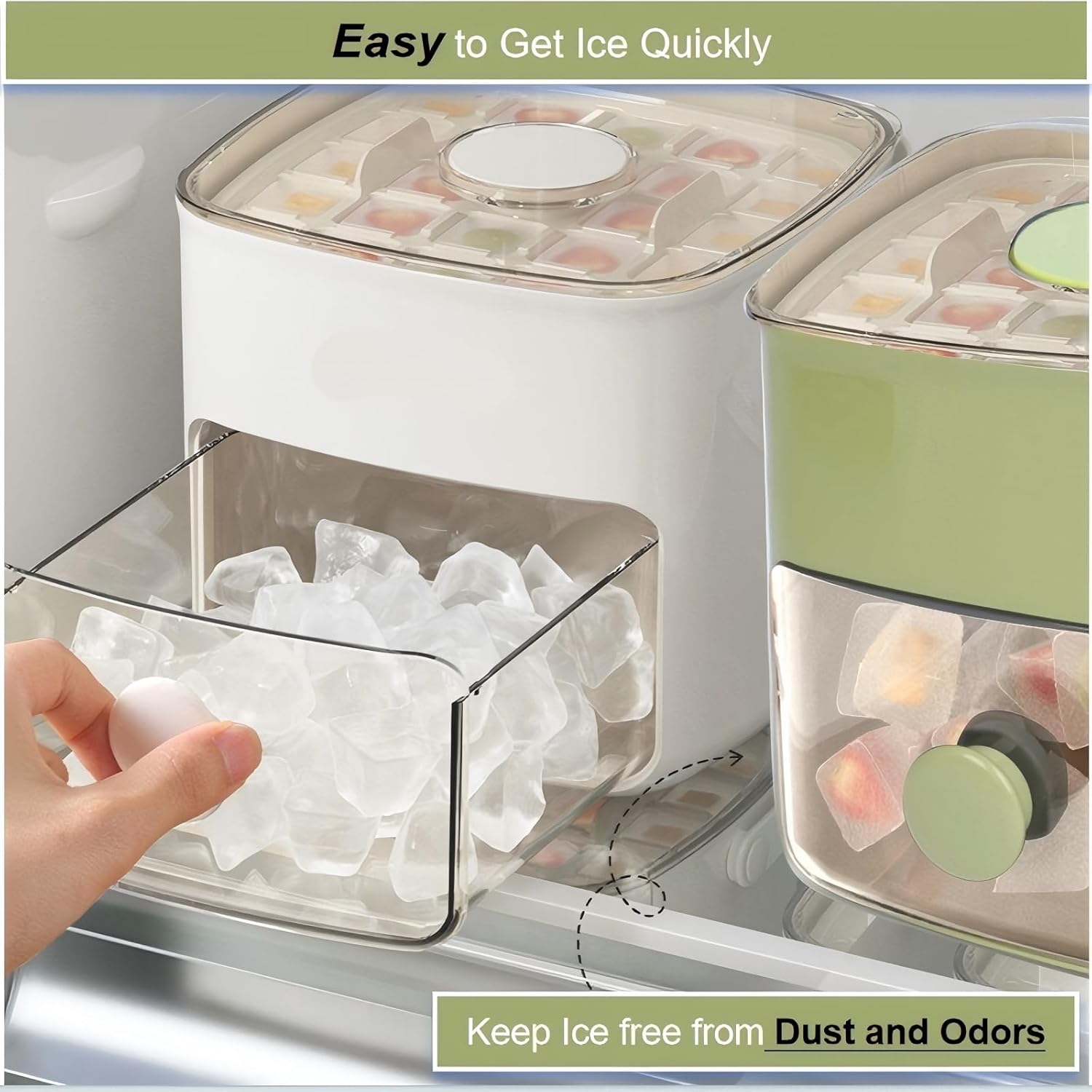 DEA Ice Cube Tray with Lid & Bin Ice Maker for Freezer Ice Trays Ice Container- Ice Molds for Whiskey, Cocktail, Coffee Drinks, Beer with Ice Tongs Kitchen Gadgets Tools (White)