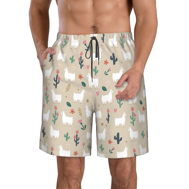 Balery Cute Alpaca Traje de Baño Estilo Hawaiano para Hombre, Shorts de Secado Rápido con Bolsillos-Large